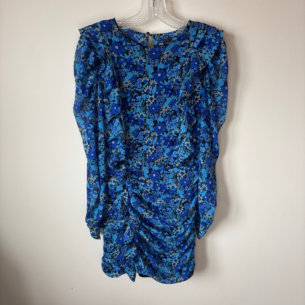 Zara Mini Draped Floral Blue Dress Bloggers sz M Ruffles & Ruching
